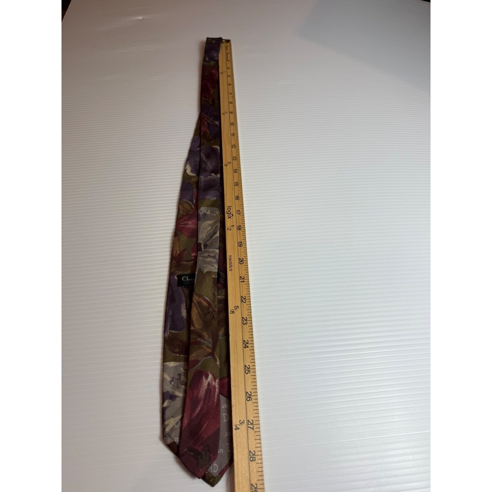 Christian Dior Necktie Olive Purple Floral Silk Fabric Woven In Italy USA Made - Picture 5 of 5